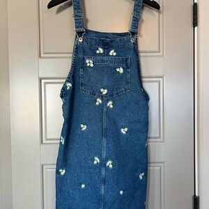 H&M Denim Overall Dress with Daisy Floral Embroidery